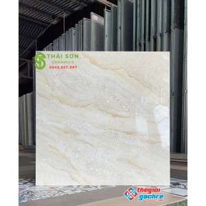 Gạch hà thanh 80x80 lát nền bóng kiếng vàng kem vân đá travertine