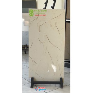 Gạch ốp tường 40x80 bóng kính khắc kim màu vàng kem