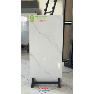 Gạch ốp tường 40x80 bóng kính màu trắng khắc kim