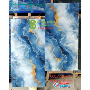 Gạch ấn độ 60x120 siêu bóng màu xanh vân trắng nhũ vàng
