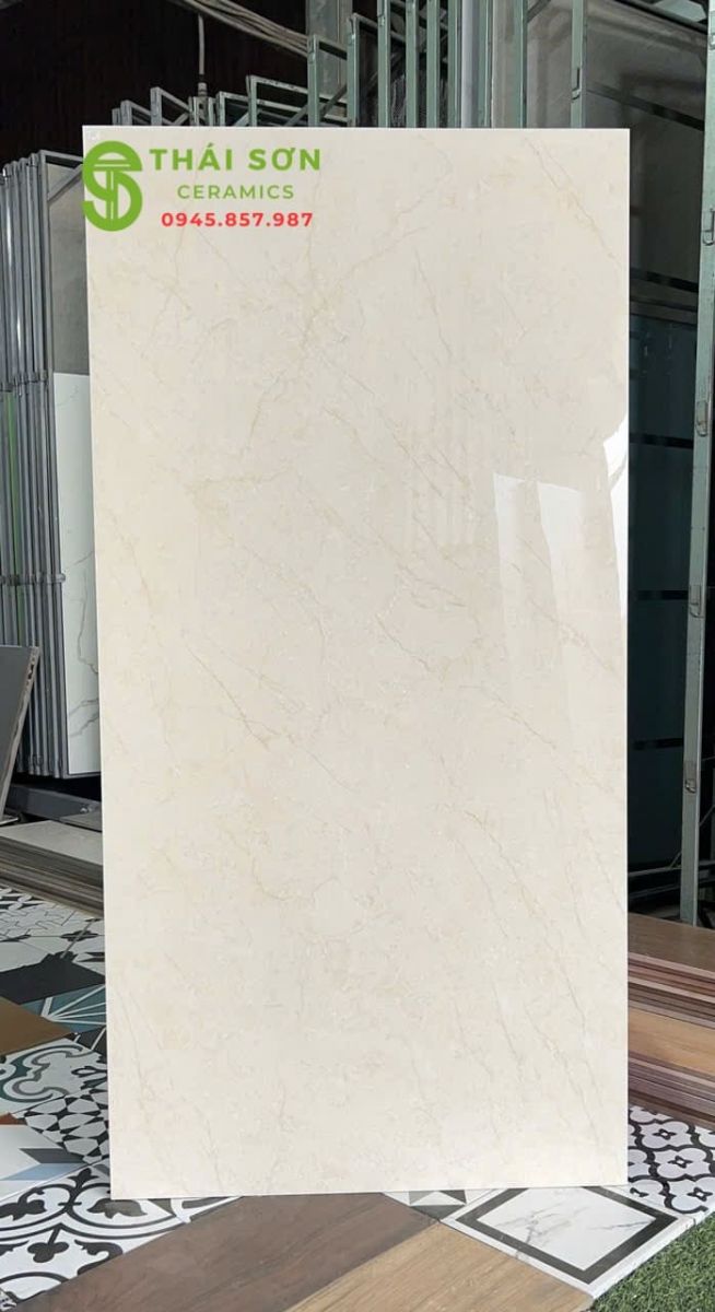 Gạch lát nền 60x120 ấn độ bóng kiếng màu kem vàng nhạt