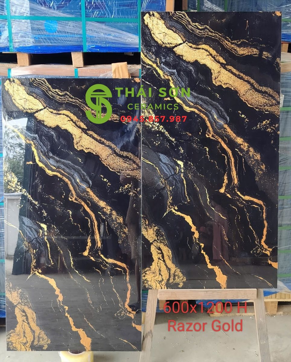 Gạch lát nền 60x120 bóng kiếng ấn độ đen chỉ vàng