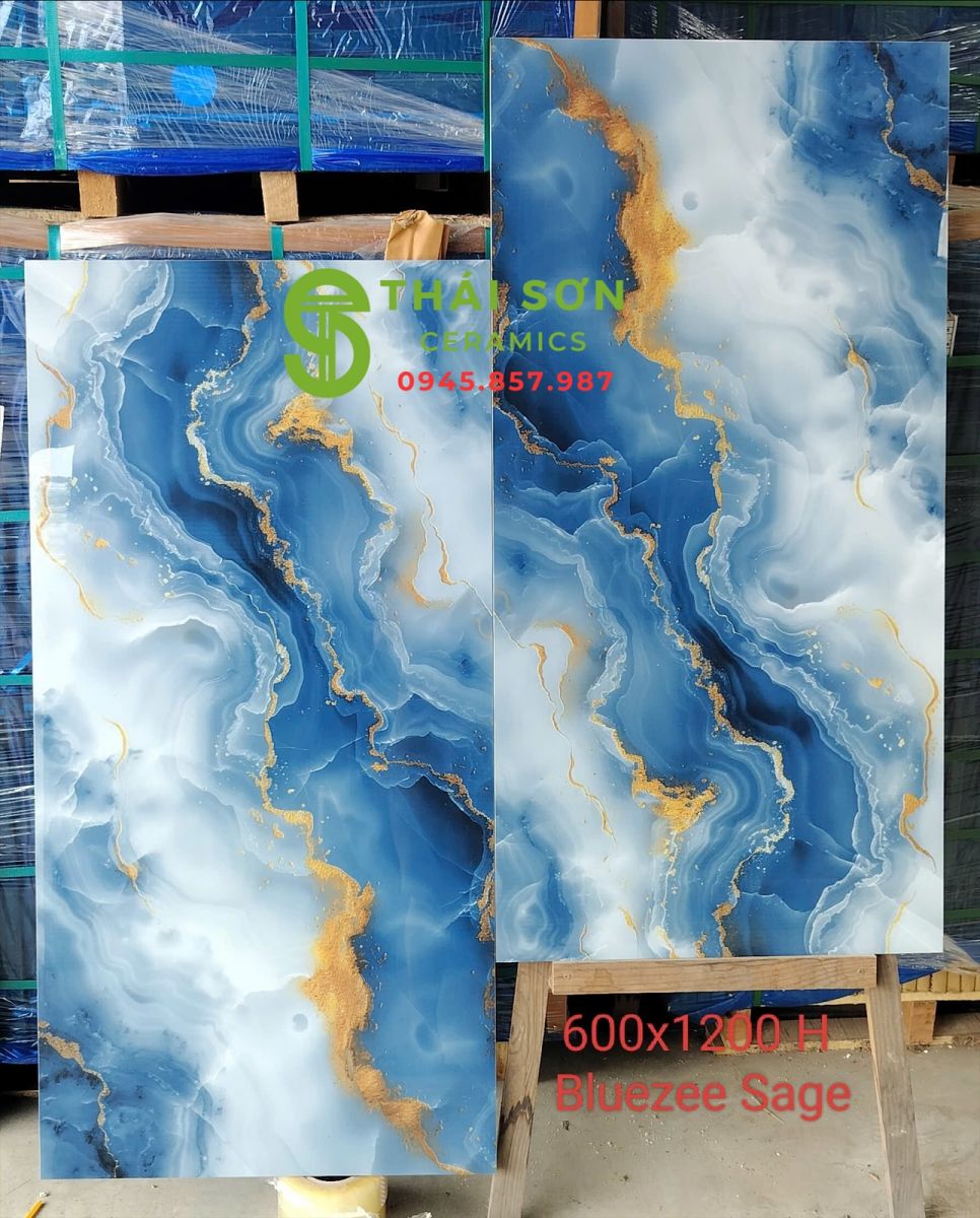 Gạch ấn độ 60x120 siêu bóng màu xanh vân trắng nhũ vàng