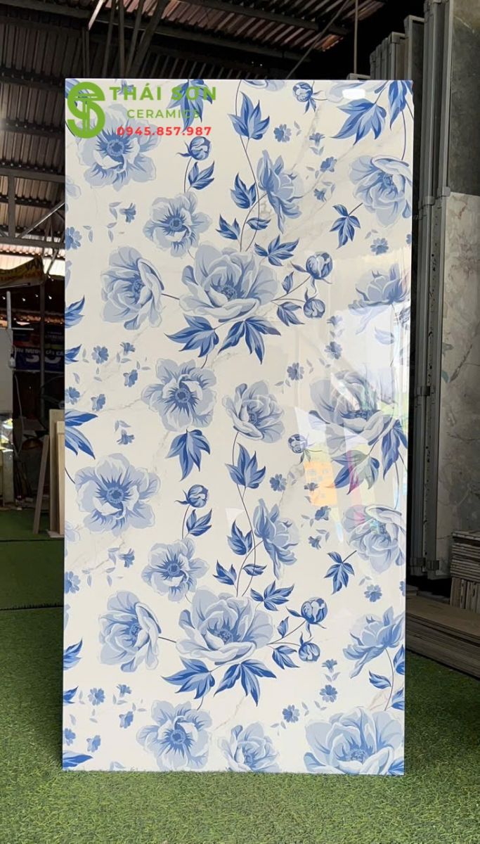 Gạch ốp lát trang trí 60x120 apodio họa tiết hoa xanh dương