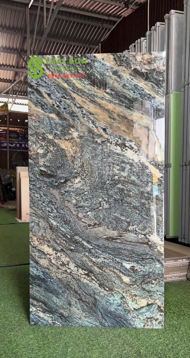 Gạch catalan ốp lát 60x120 bóng kính màu xanh ngọc vân đá