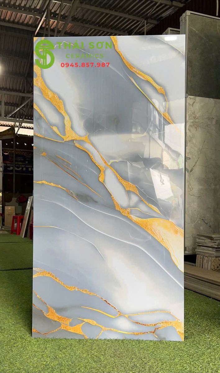 Gạch lát nền ấn độ 60x120 màu xanh ánh vàng siêu bóng