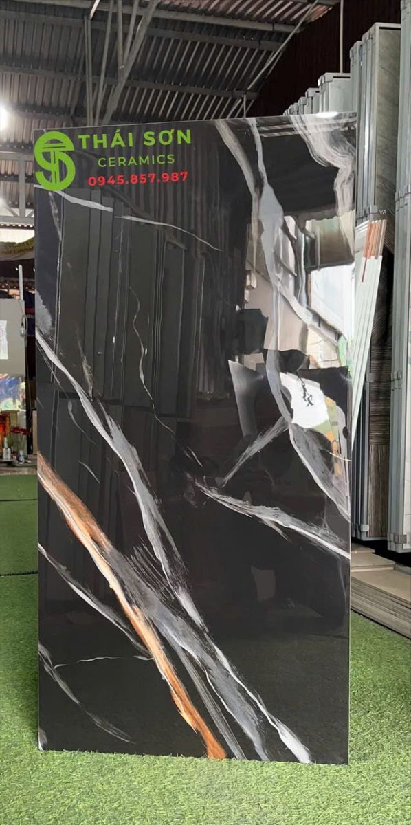 Gạch ấn độ 60x120 ốp lát siêu bóng màu đen vân trắng