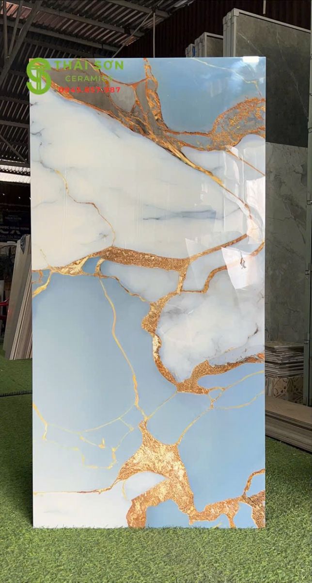 Gạch ấn độ ốp lát 60x120 màu xanh nhũ vàng siêu bóng