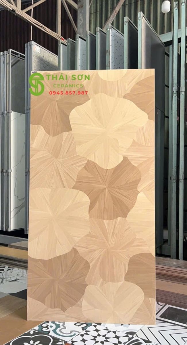 Gạch trung quốc 60x120 lát nền vân gỗ lá sen vàng kem sáng