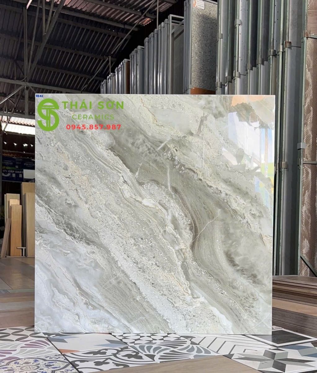 Gạch 80x80 bóng kiếng ốp lát hà thanh màu xám rêu nhạt