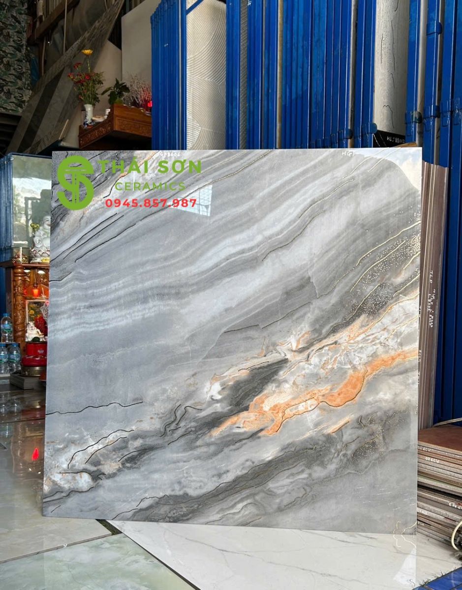 Gạch 80x80 trung quốc lát nền khắc kim màu xám ghi