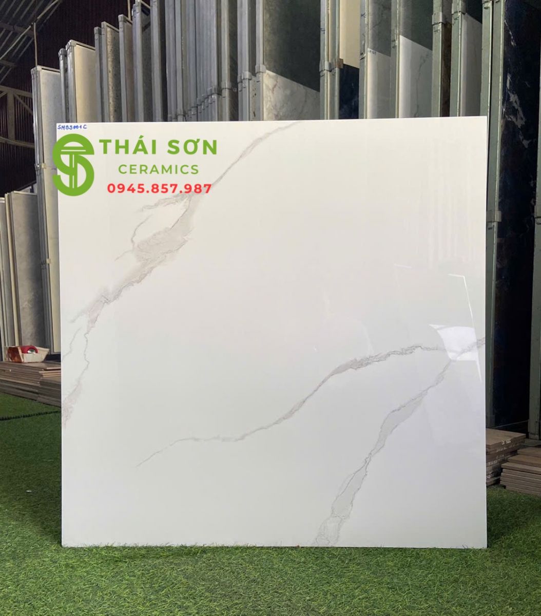 Gạch catalan bóng kiếng 80x80 lát nền văn phòng màu trắng mây
