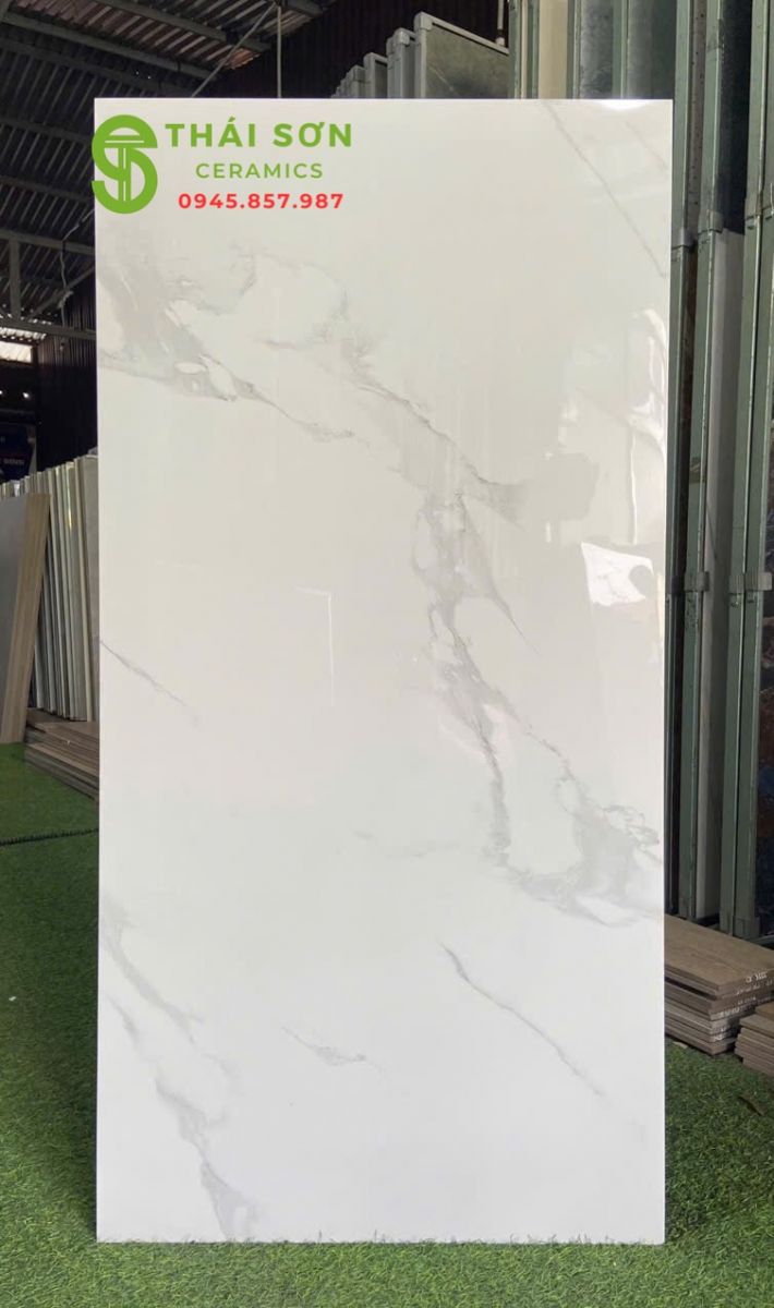 Gạch lát nền 60x120 bóng kiếng màu trắng vân đá