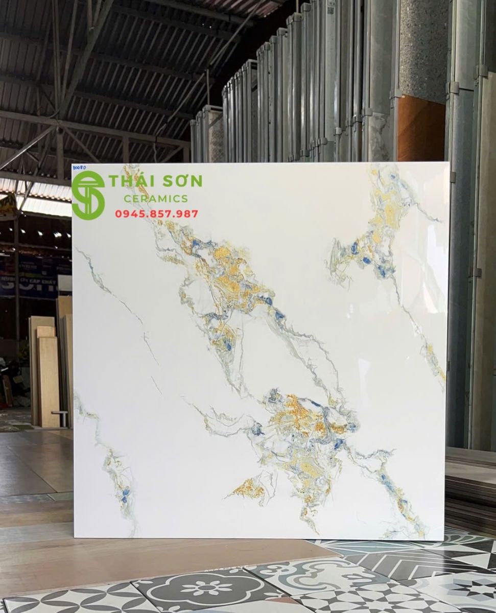 Gạch lát nền hà thanh 80x80 bóng kiếng trắng kem vân đá cẩm thạch