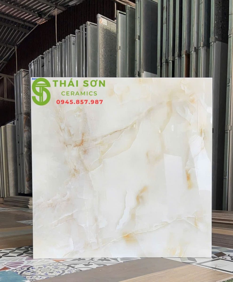 Gạch lát nền 80x80 hà thanh bóng kiếng trắng kem vân đá onyx