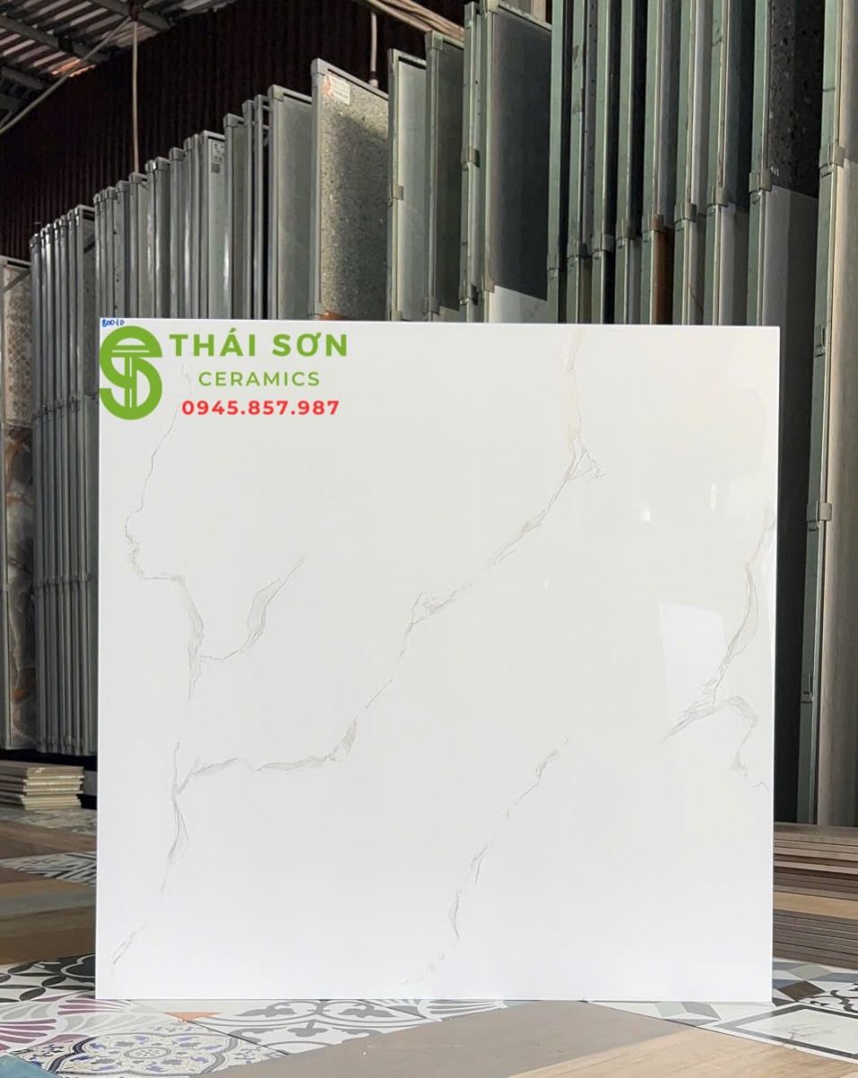 Gạch lát nền hà thanh 80x80 bóng kiếng trắng vân đá marble