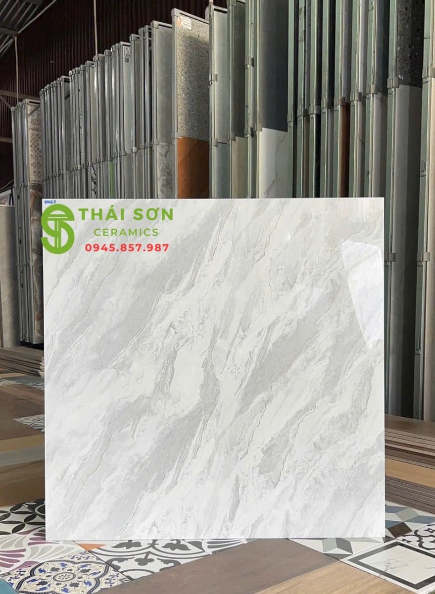 Gạch lát nền hà thanh 80x80 bóng kiếng trắng xám vân đá tự nhiên