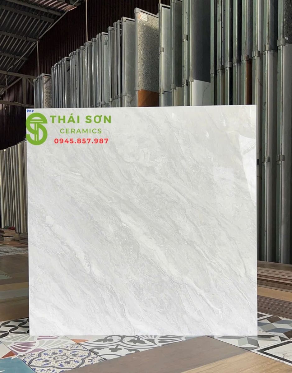 Gạch hà thanh lát nền 80x80 bóng kiếng trắng xám vân xéo