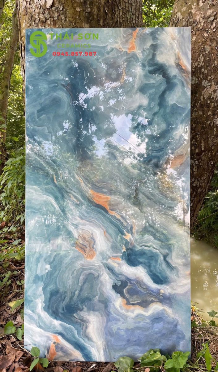 Gạch ấn độ 60x120 ốp lát màu xanh cẩm thạch bóng kiếng